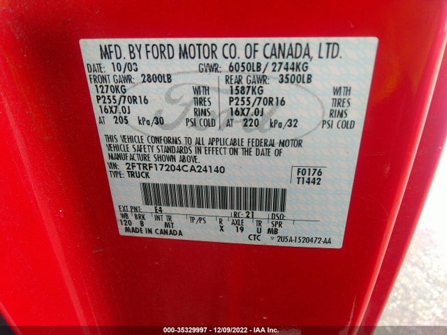 2004 FORD F-150 HERITAGE XL/XLT VIN: 2FTRF17204CA24140