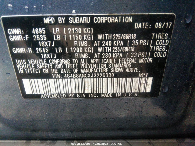 2018 Subaru Outback, VIN: 4S4BSANCXJ3226330