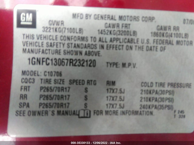 Chevrolet Tahoe Lt 2007 1GNFC13067R232120 Image 10
