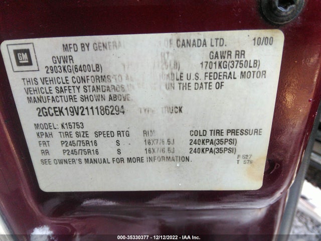2001 CHEVROLET SILVERADO 1500 LS VIN: 2GCEK19V211186294