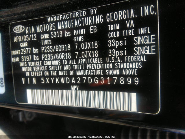 2013 KIA SORENTO SX VIN: 5XYKWDA27DG317899