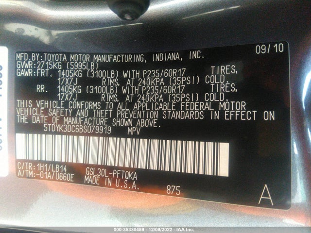 2011 TOYOTA SIENNA XLE AAS/XLE/LTD VIN: 5TDYK3DC6BS079919