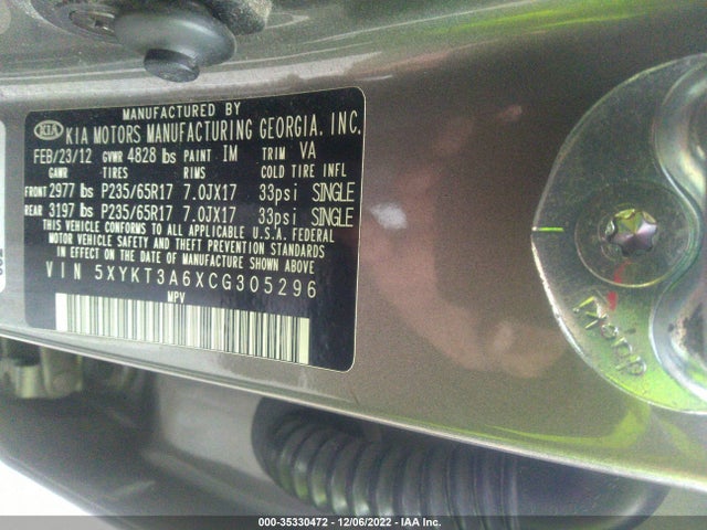 2012 KIA SORENTO LX VIN: 5XYKT3A6XCG305296