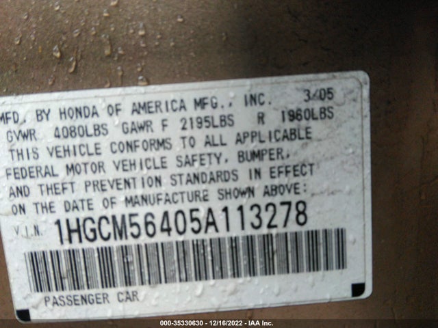 2005 HONDA ACCORD SDN LX VIN: 1HGCM56405A113278