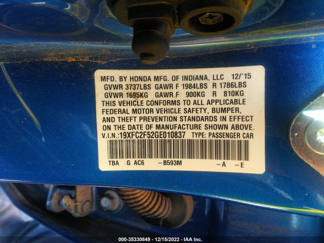 Honda Civic Sedan Lx 2016 19XFC2F52GE010837 Image 9