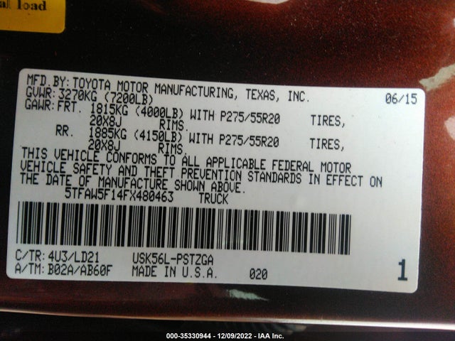 2015 Toyota Tundra, VIN: 5TFAW5F14FX480463