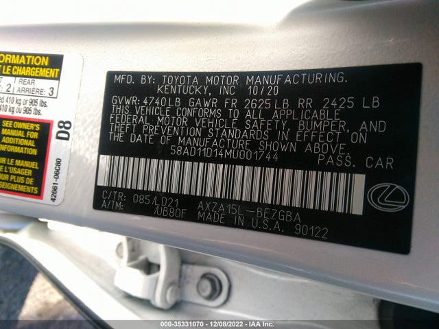 2021 Lexus ES, VIN: 58AD11D14MU001744