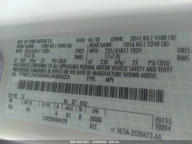 2022 Ford Escape, VIN: 1FMCU9G66NUA00323