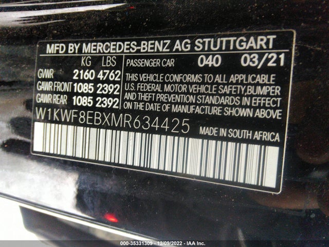 2021 Mercedes-Benz C-Class, VIN: W1KWF8EBXMR634425