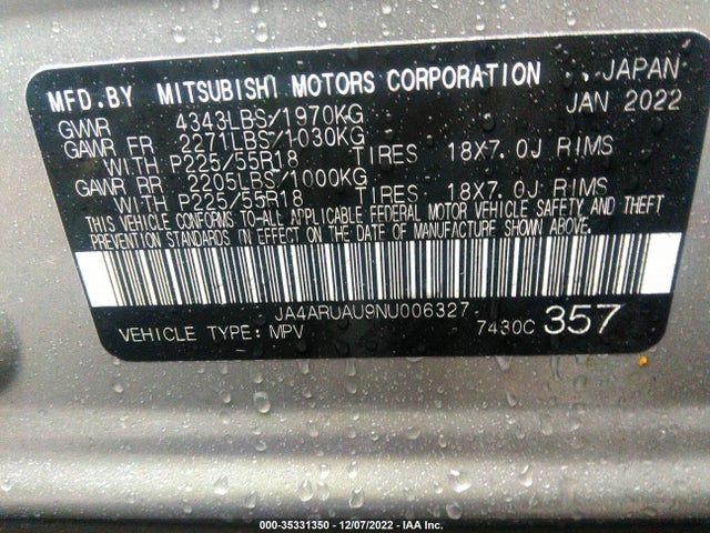 JA4ARUAU9NU006327 Mitsubishi Outlander Sport Es/le/se