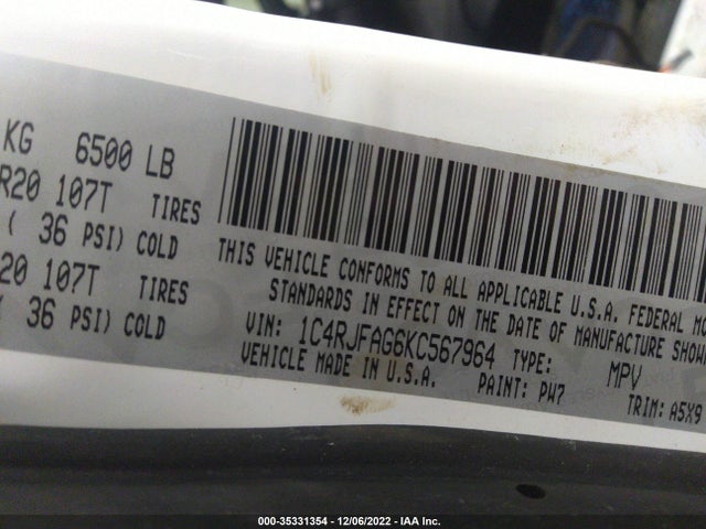 1C4RJFAG6KC567964 Jeep Grand Cherokee Upland