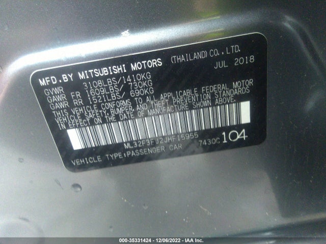 ML32F3FJ2JHF15955 Mitsubishi Mirage G4 Es