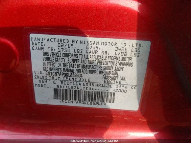 3N1CN7AP0KL852604 Nissan Versa Sedan Sv