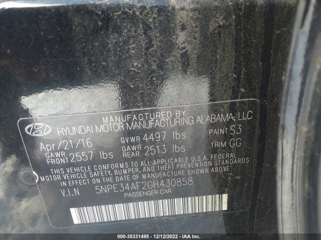 2016 HYUNDAI SONATA 2.4L LIMITED VIN: 5NPE34AF2GH430858