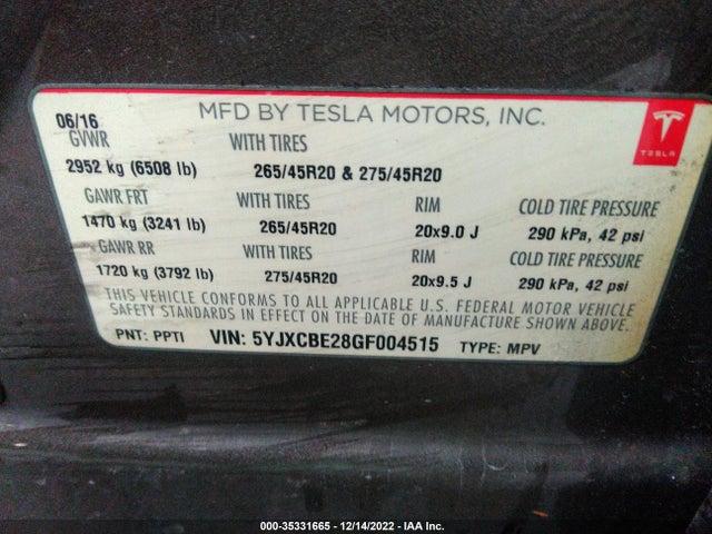 Tesla MODEL X 2016 5YJXCBE28GF004515 Image 11