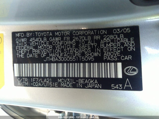 Lexus ES 330 2005 JTHBA30G055115095 Image 10