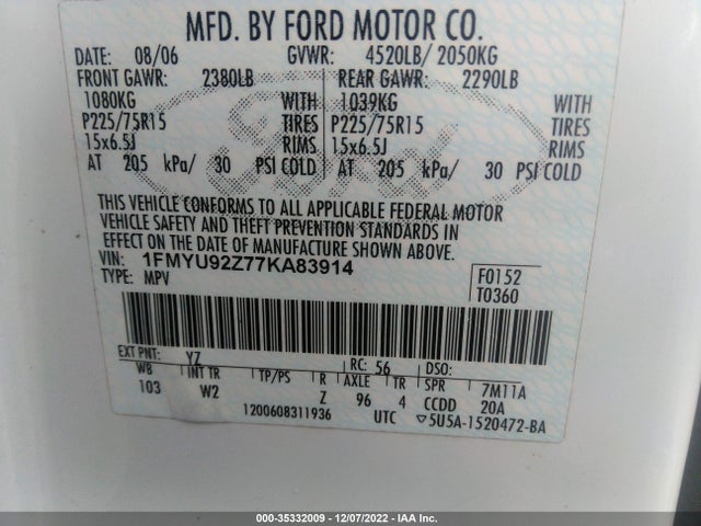 2007 FORD ESCAPE XLS VIN: 1FMYU92Z77KA83914