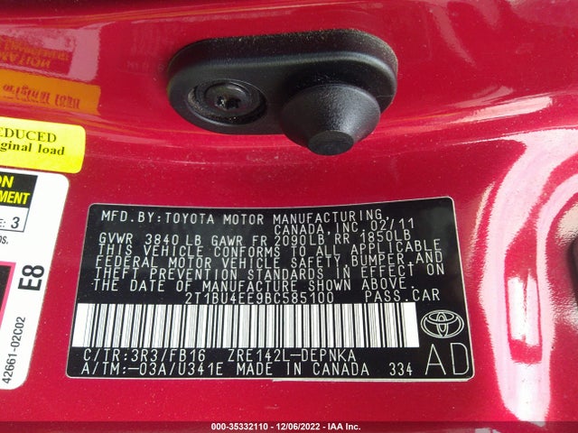 2011 TOYOTA COROLLA L/LE/S VIN: 2T1BU4EE9BC585100