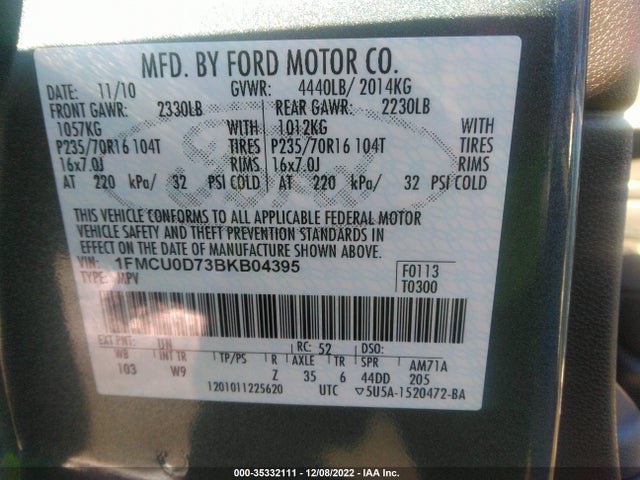 2011 FORD ESCAPE XLT VIN: 1FMCU0D73BKB04395