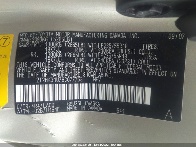 2T2HK31U78C077753 Lexus RX 350