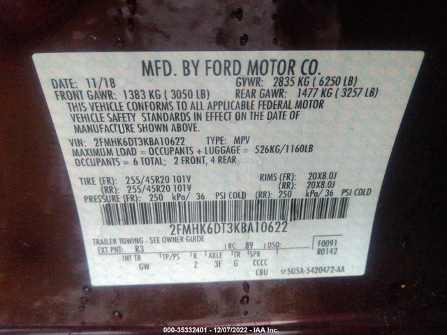 2019 FORD FLEX LIMITED ECOBOOST VIN: 2FMHK6DT3KBA10622