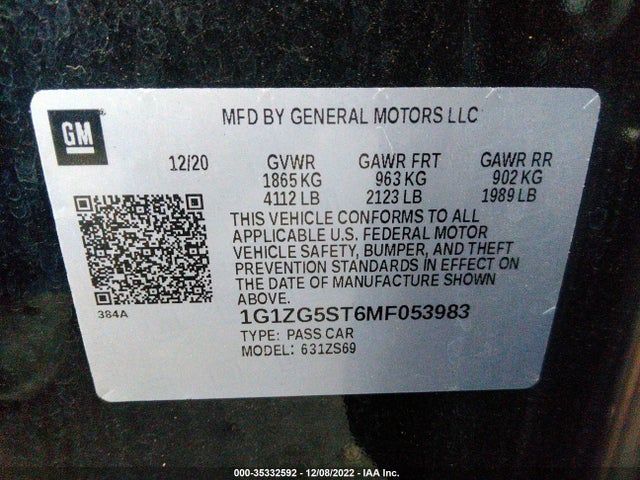 2021 CHEVROLET MALIBU RS VIN: 1G1ZG5ST6MF053983