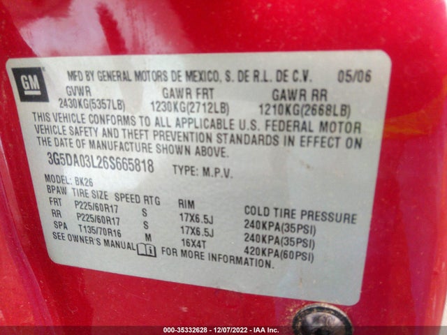 35332628 :رقم المزاد ، 3G5DA03L26S665818 vin ، 2006 Buick Rendezvous مزاد بيع