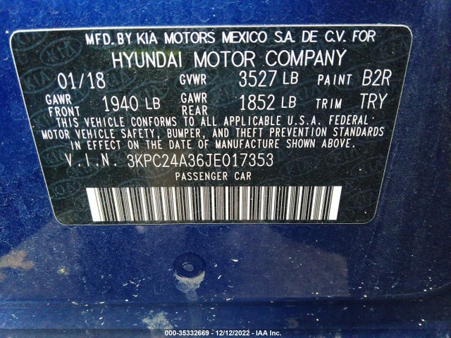2018 Hyundai Accent, VIN: 3KPC24A36JE017353