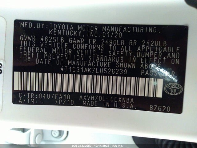 2020 Toyota Camry, VIN: 4T1C31AK7LU526239
