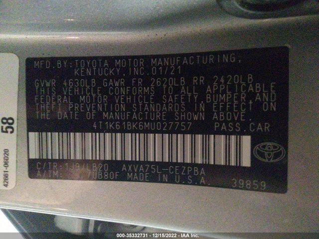 2021 TOYOTA CAMRY XSE VIN: 4T1K61BK6MU027757