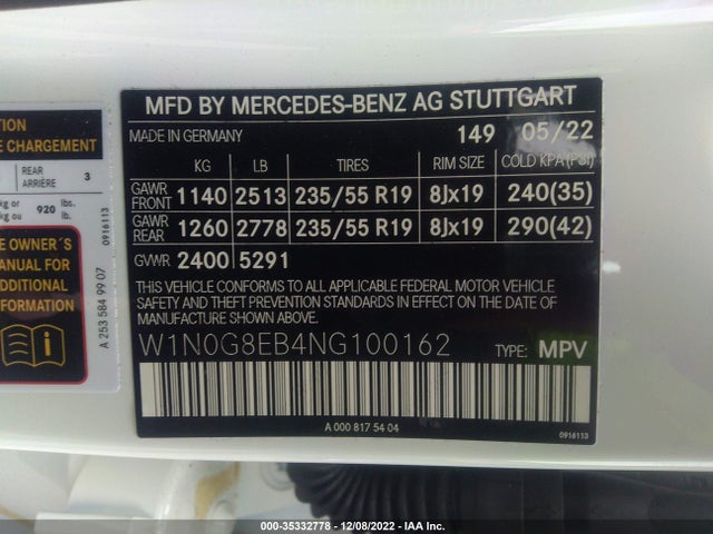 2022 Mercedes-Benz GLC-Class, VIN: W1N0G8EB4NG100162