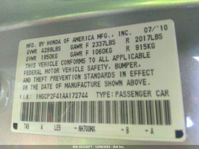 2010 HONDA ACCORD SDN LX-P VIN: 1HGCP2F41AA172744