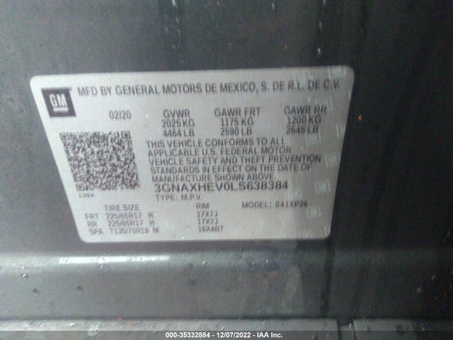 Aukcja sprzedaży 2020 Chevrolet Equinox Ls, vin: 3GNAXHEV0LS638384, numer aukcji: 35332884