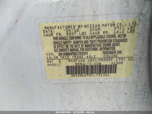 2012 NISSAN SENTRA 2.0 SR VIN: 3N1AB6AP0CL731311