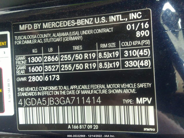 2016 Mercedes-Benz GLE-Class, VIN: 4JGDA5JB3GA711414