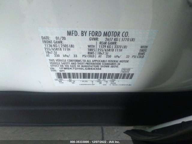 2020 Ford Explorer, VIN: 1FMSK7DH0LGB64304