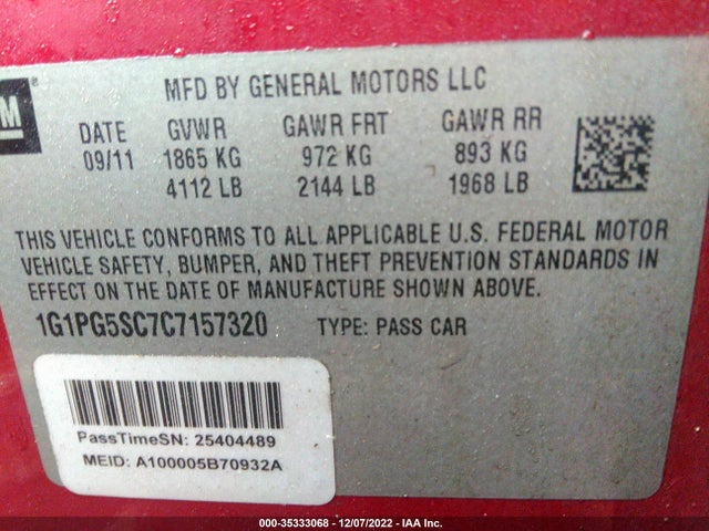 2012 CHEVROLET CRUZE LT W/2LT VIN: 1G1PG5SC7C7157320
