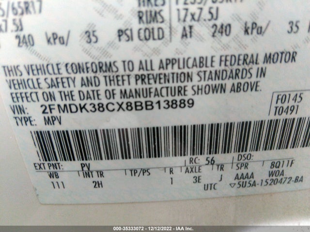 2008 FORD EDGE SEL VIN: 2FMDK38CX8BB13889