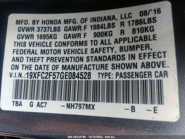 Honda Civic Sedan Lx 2016 19XFC2F57GE084528 Image 9