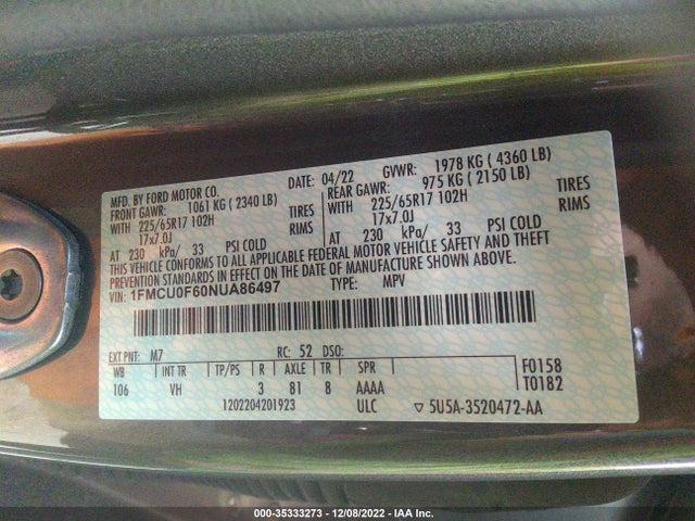 2022 Ford Escape, VIN: 1FMCU0F60NUA86497