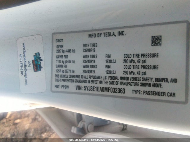 Tesla Model 3 Standard Range Plus 2021 5YJ3E1EA0MF032363 Image 9