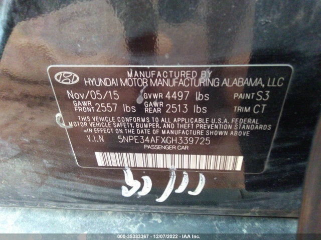 2016 HYUNDAI SONATA 2.4L SPORT VIN: 5NPE34AFXGH339725