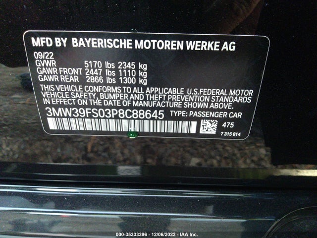 2023 BMW 3 SERIES 330E XDRIVE VIN: 3MW39FS03P8C88645