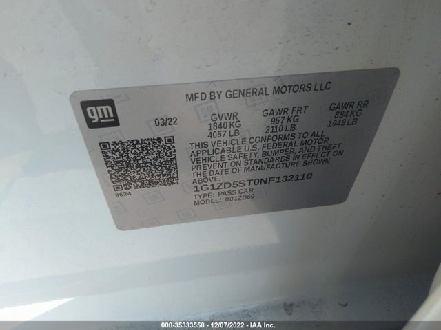 Продаж на аукціоні авто 2022 Chevrolet Malibu Lt, vin: 1G1ZD5ST0NF132110, номер лоту: 35333558