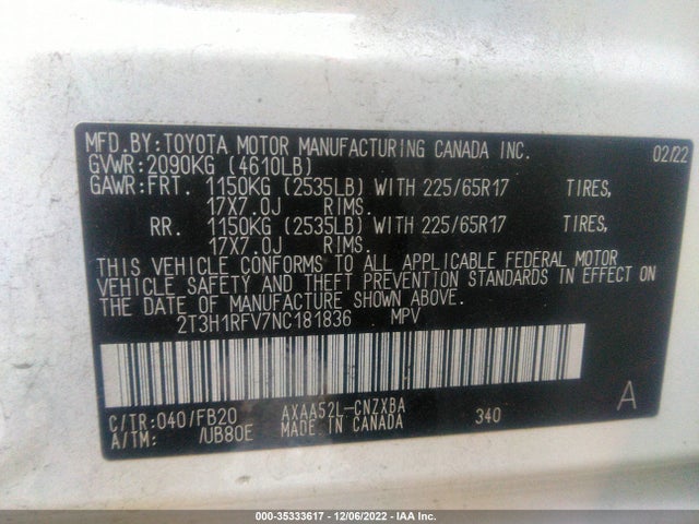 2022 Toyota RAV4, VIN: 2T3H1RFV7NC181836