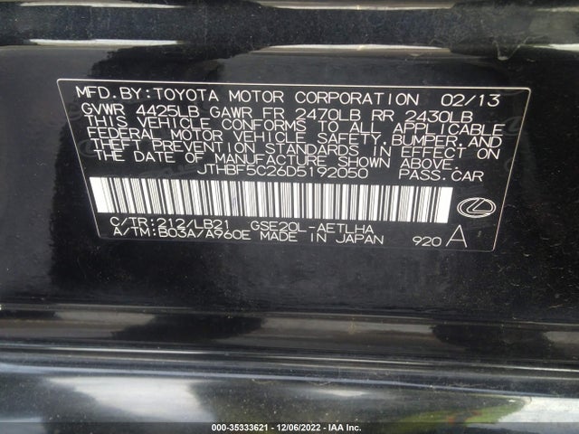 Lexus IS 250 2013 JTHBF5C26D5192050 Image 10