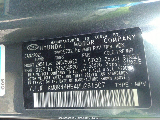 2021 HYUNDAI PALISADE SEL VIN: KM8R44HE4MU281507