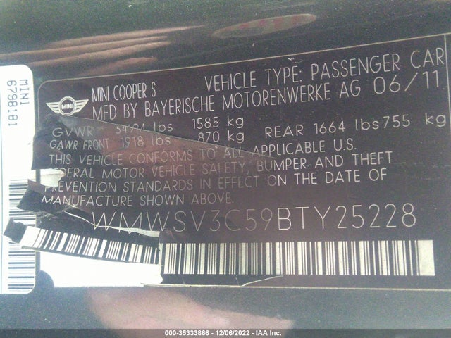 Mini COOPER HARDTOP 2011 WMWSV3C59BTY25228 Image 10