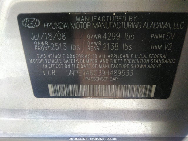 2009 HYUNDAI SONATA GLS VIN: 5NPET46C39H489533