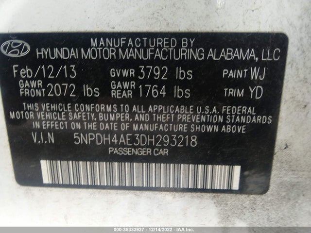 2013 HYUNDAI ELANTRA GLS VIN: 5NPDH4AE3DH293218